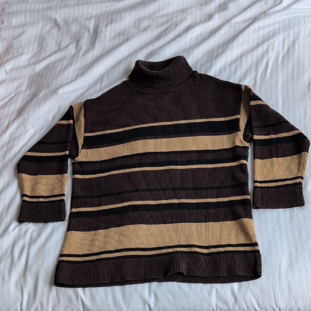 St John Sport by Marie Gray Mixed Stripe Brown & Tan Women's Turtleneck Sweater